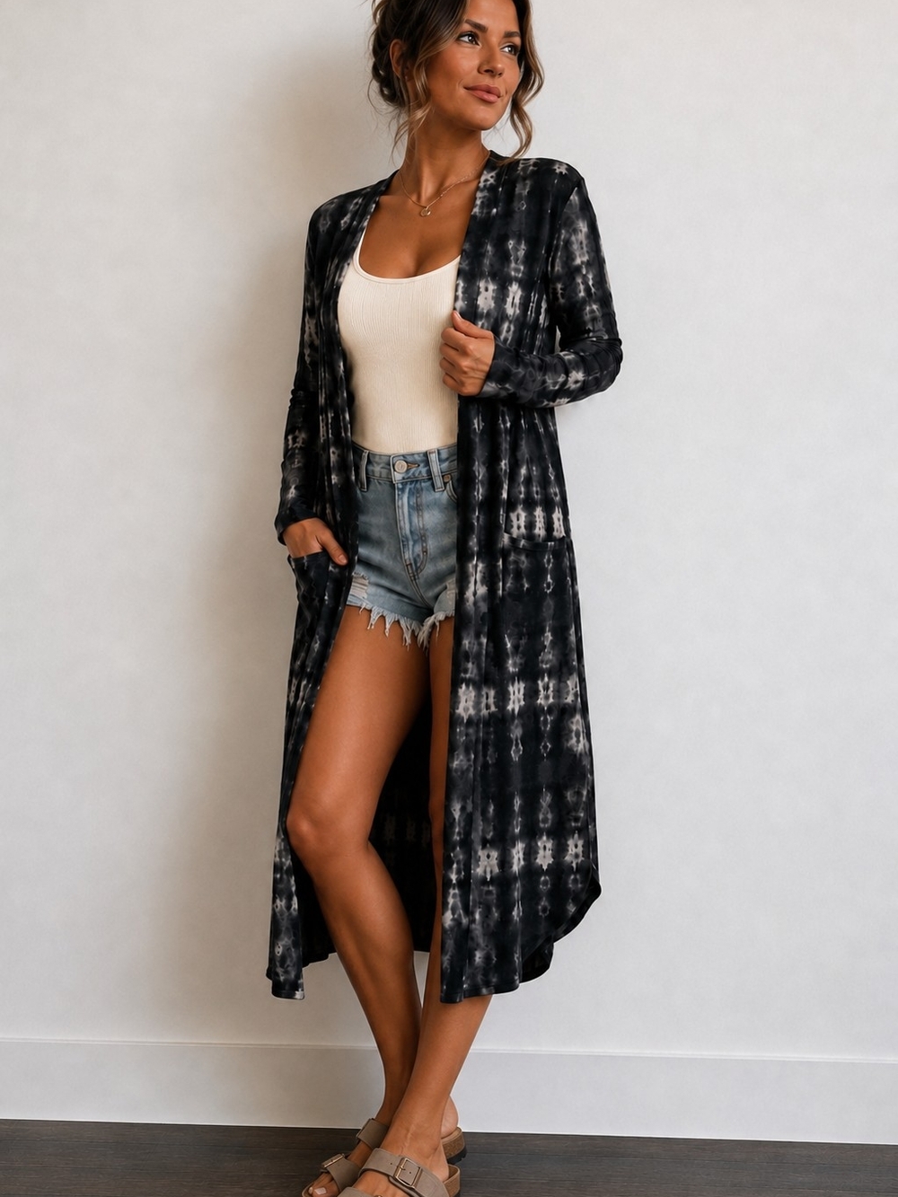 G by Giuliana Women’s Small Long Tie Dye Duster Cardigan Black Gray Open Front